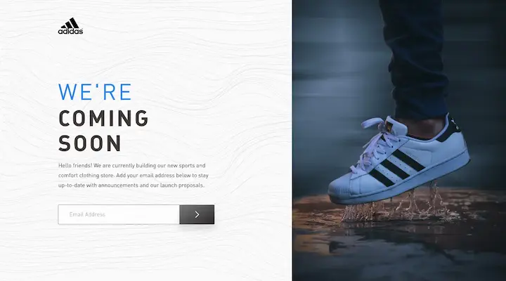 Adidas landing page with left half showing coming soon message and right half a photograph of an Adidias sneaker splashing in a puddle